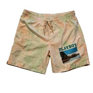 Playboy by PacSun Mens Tie Dye Swim Trunks Peach Green Graphic Print Size M